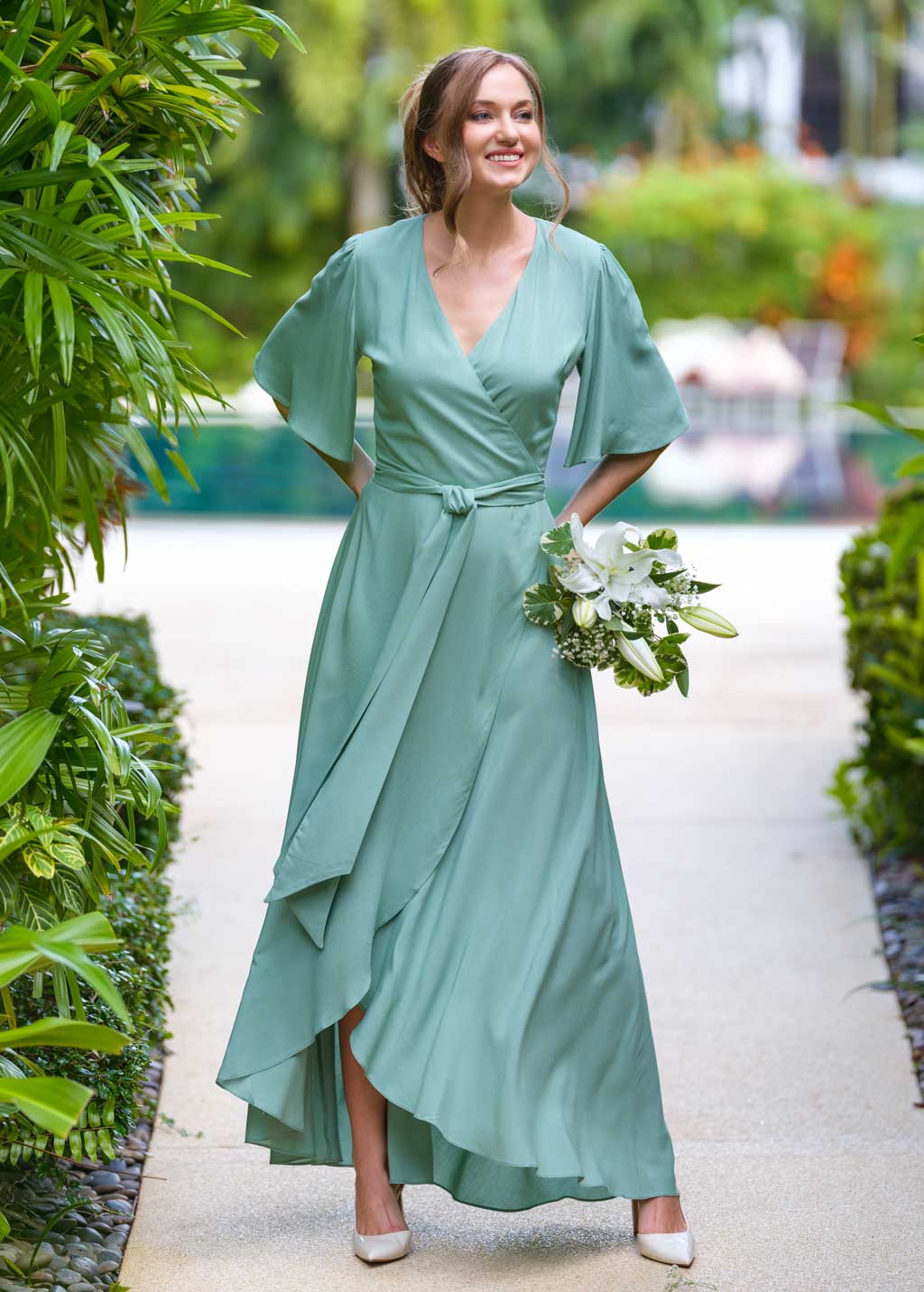 Sage Green romantic wrap dress