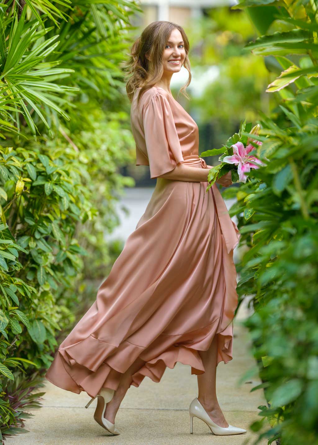 Rose gold wrap silk dress