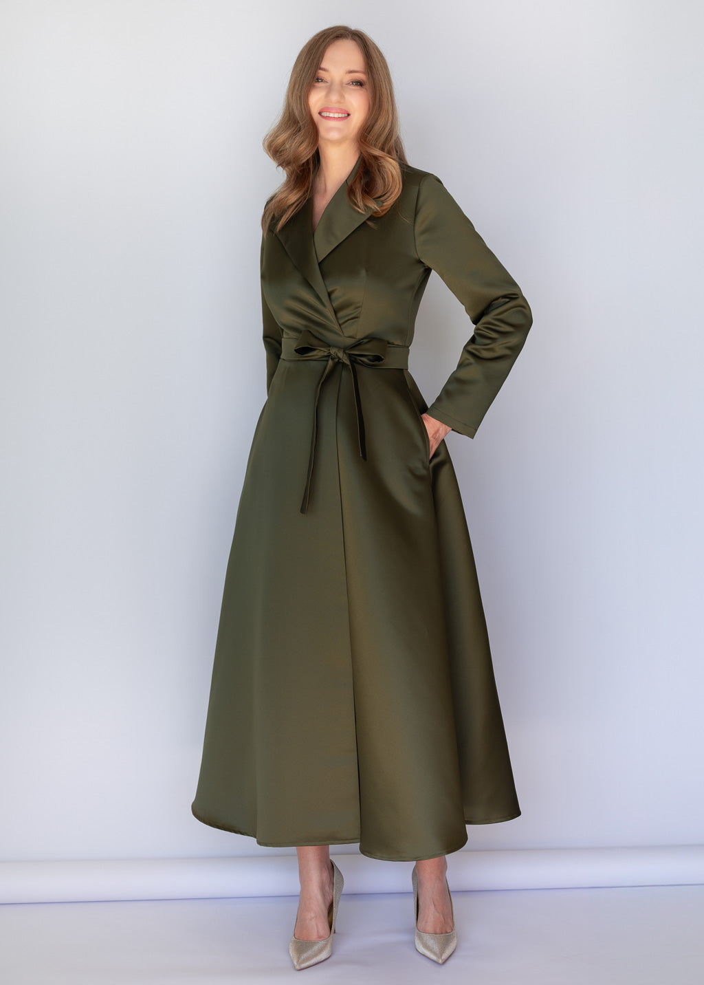 Dark Olive Luxury Satin Wrap Midi Dress