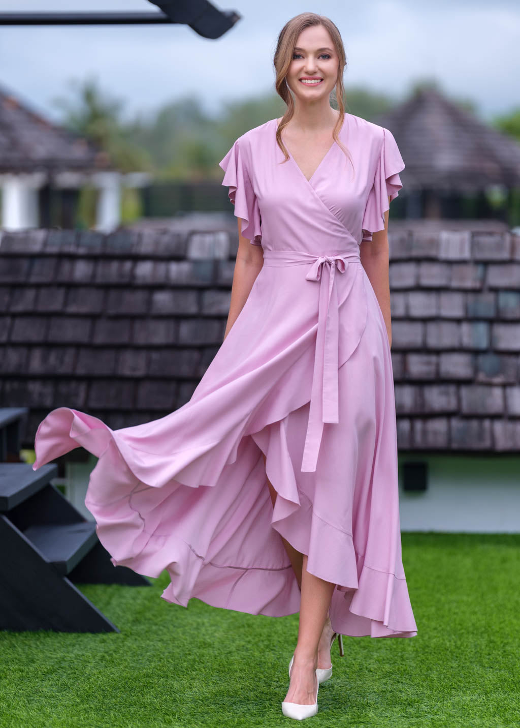 Rose pink romantic wrap dress