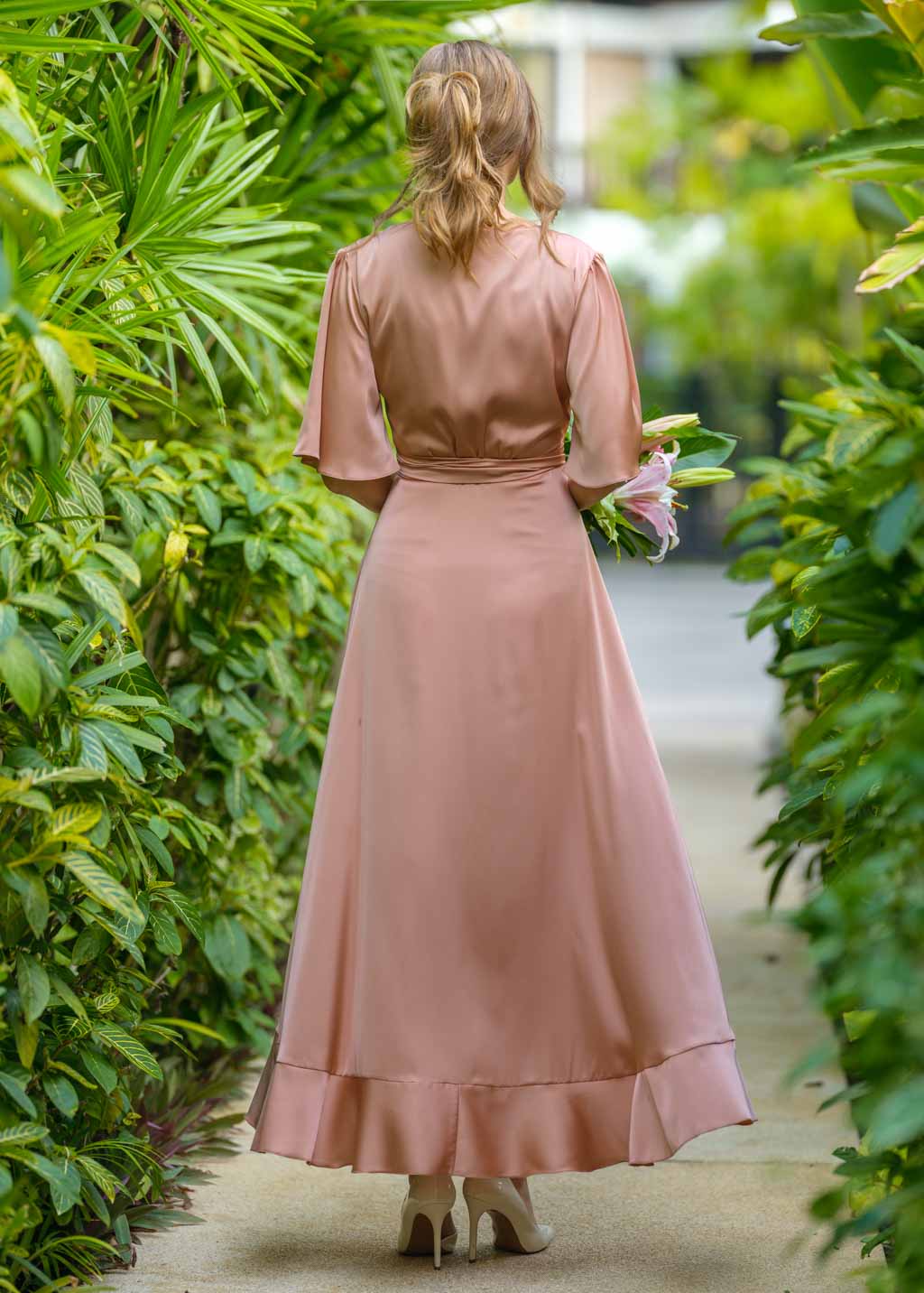 Rose gold wrap silk dress