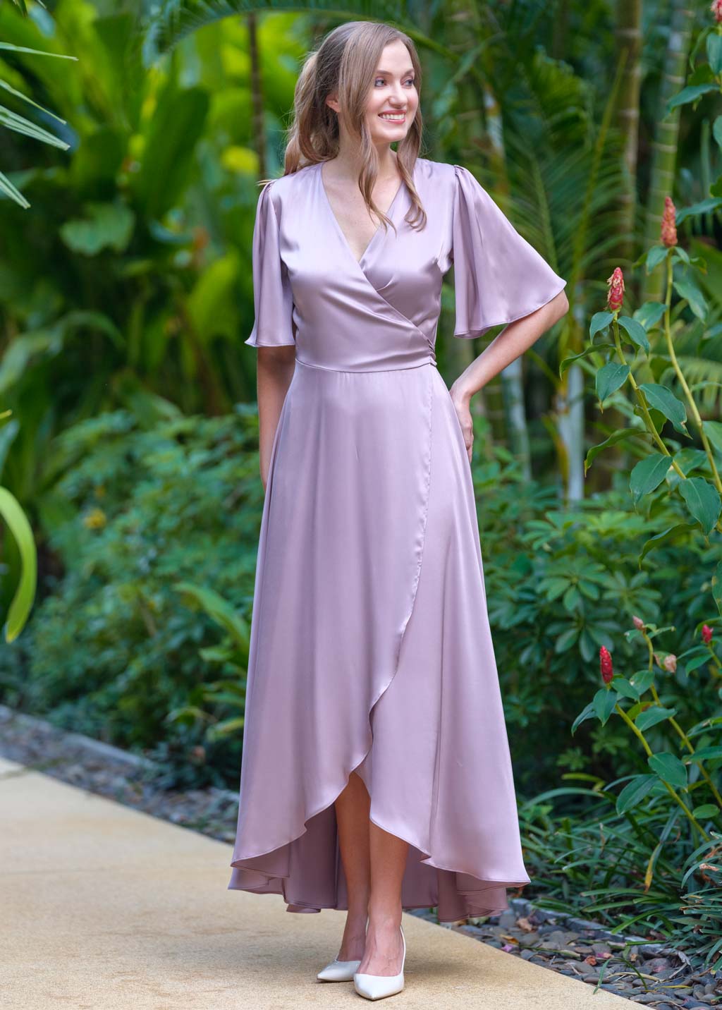 Taupe silk long wrap dress