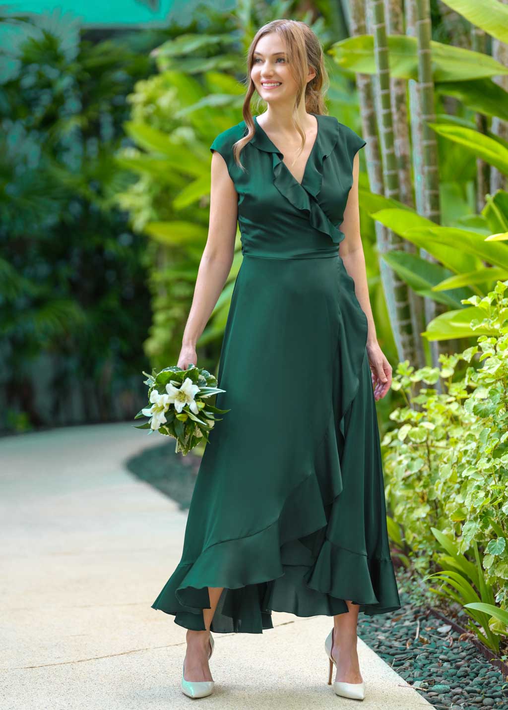 Forest green wrap silk dress