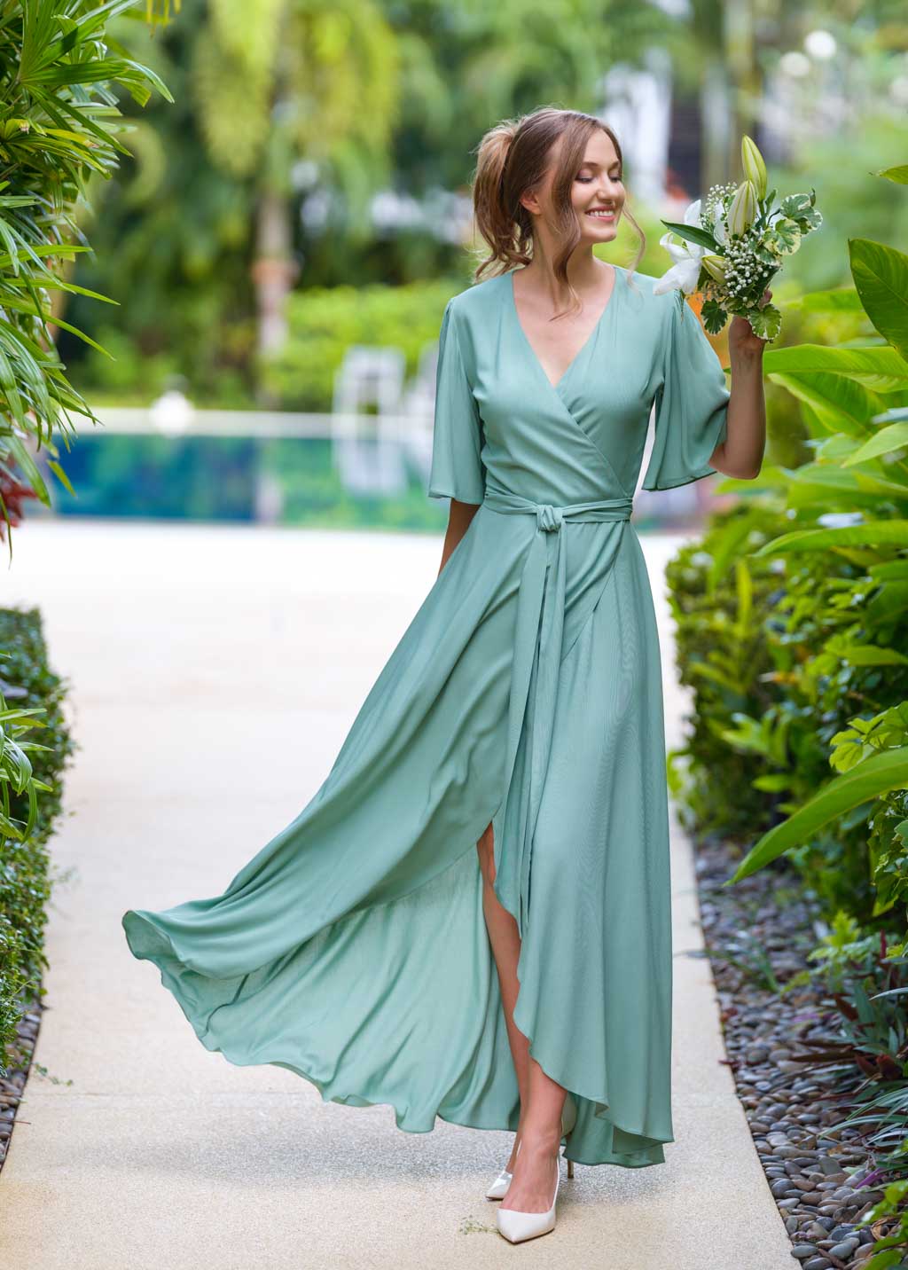 Sage Green romantic wrap dress