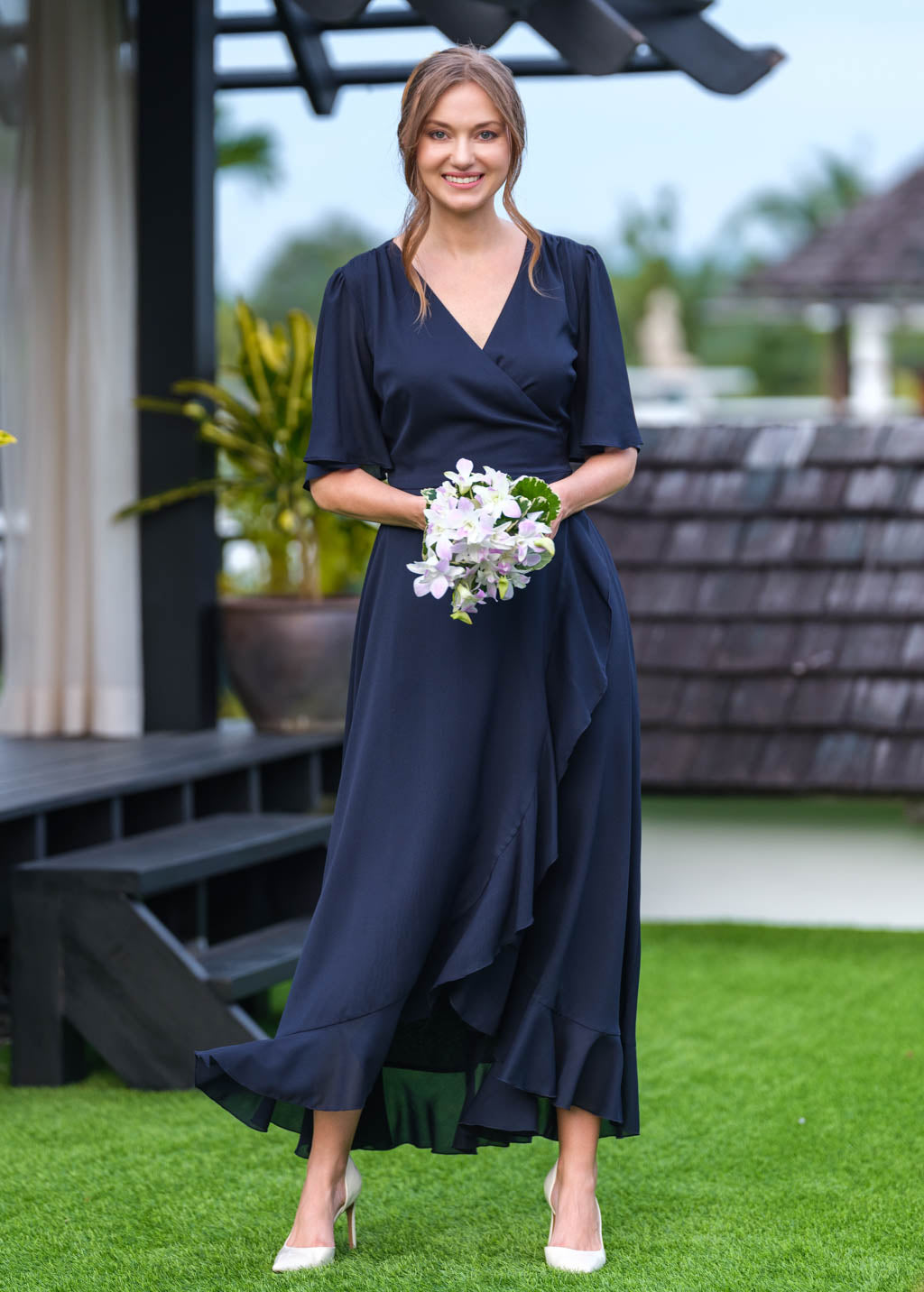 Navy blue chiffon wrap dress