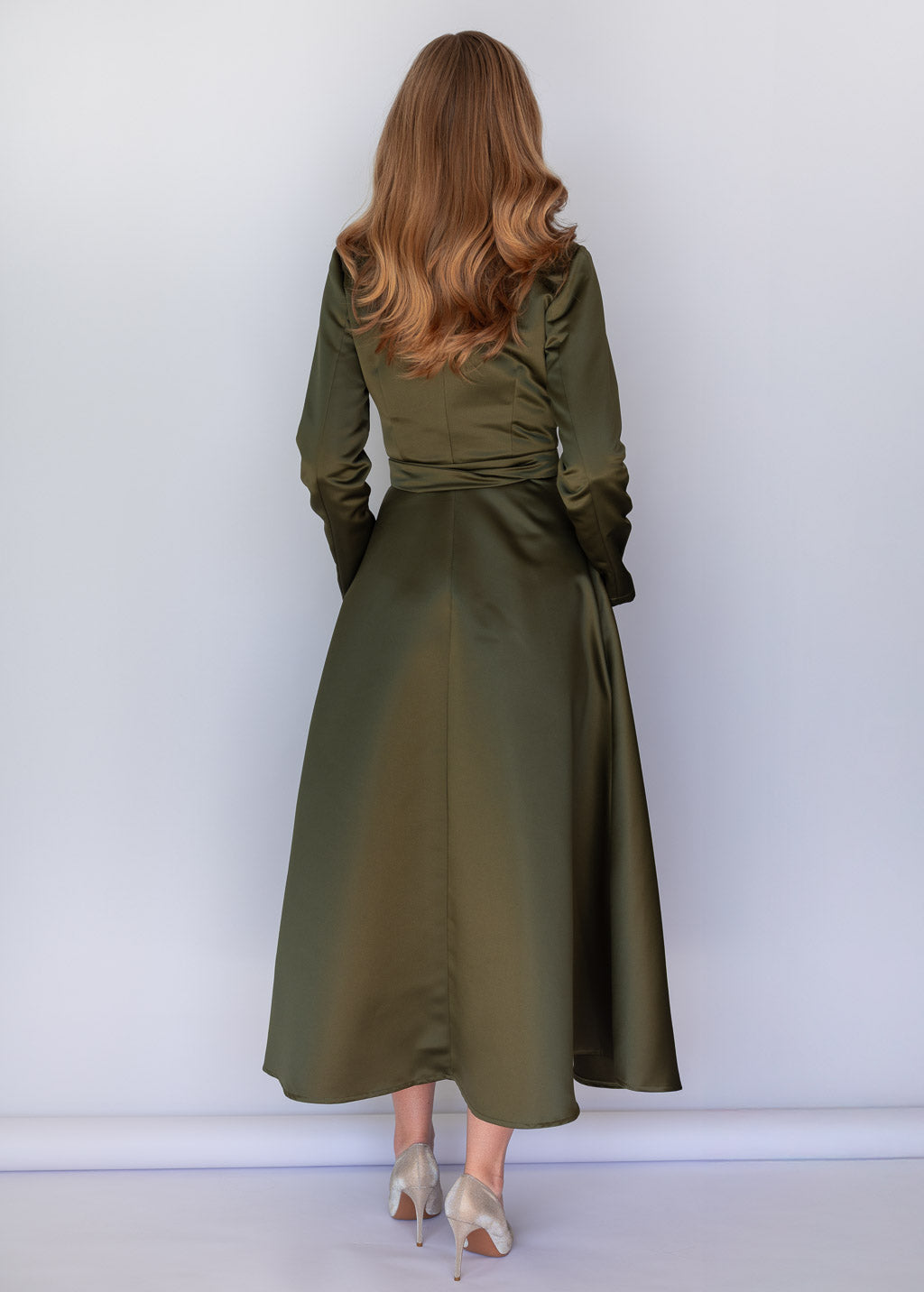 Dark Olive Luxury Satin Wrap Midi Dress