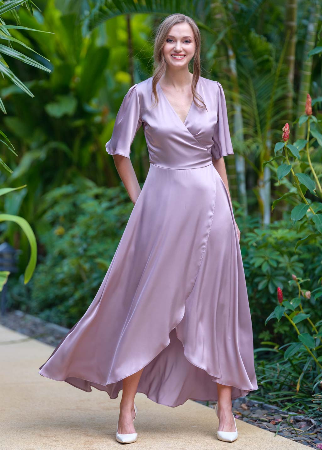 Taupe silk long wrap dress