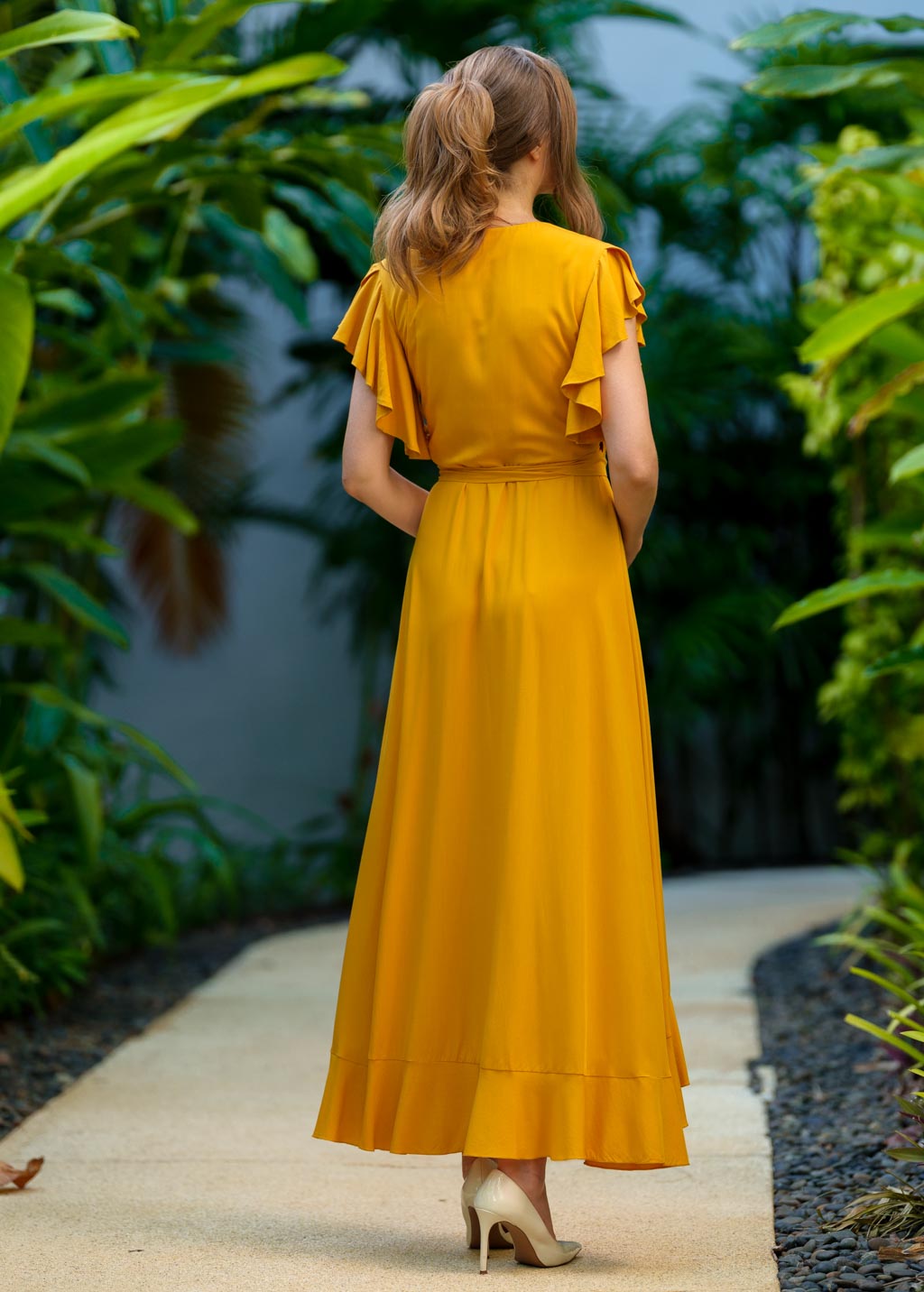 Honey yellow romantic wrap dress