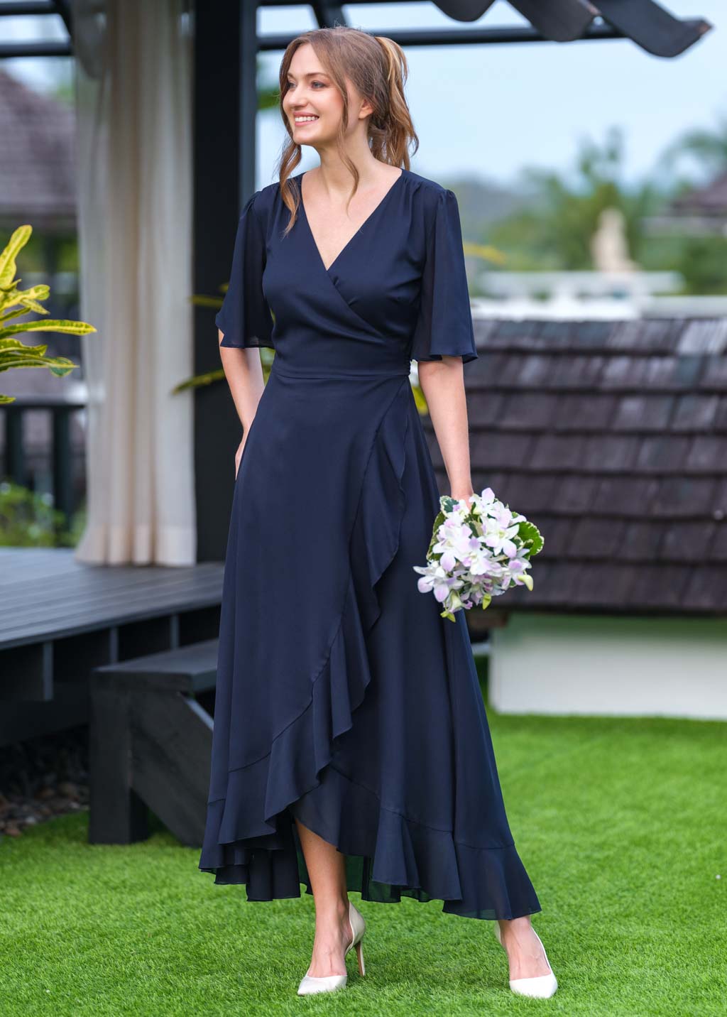 Navy blue chiffon wrap dress