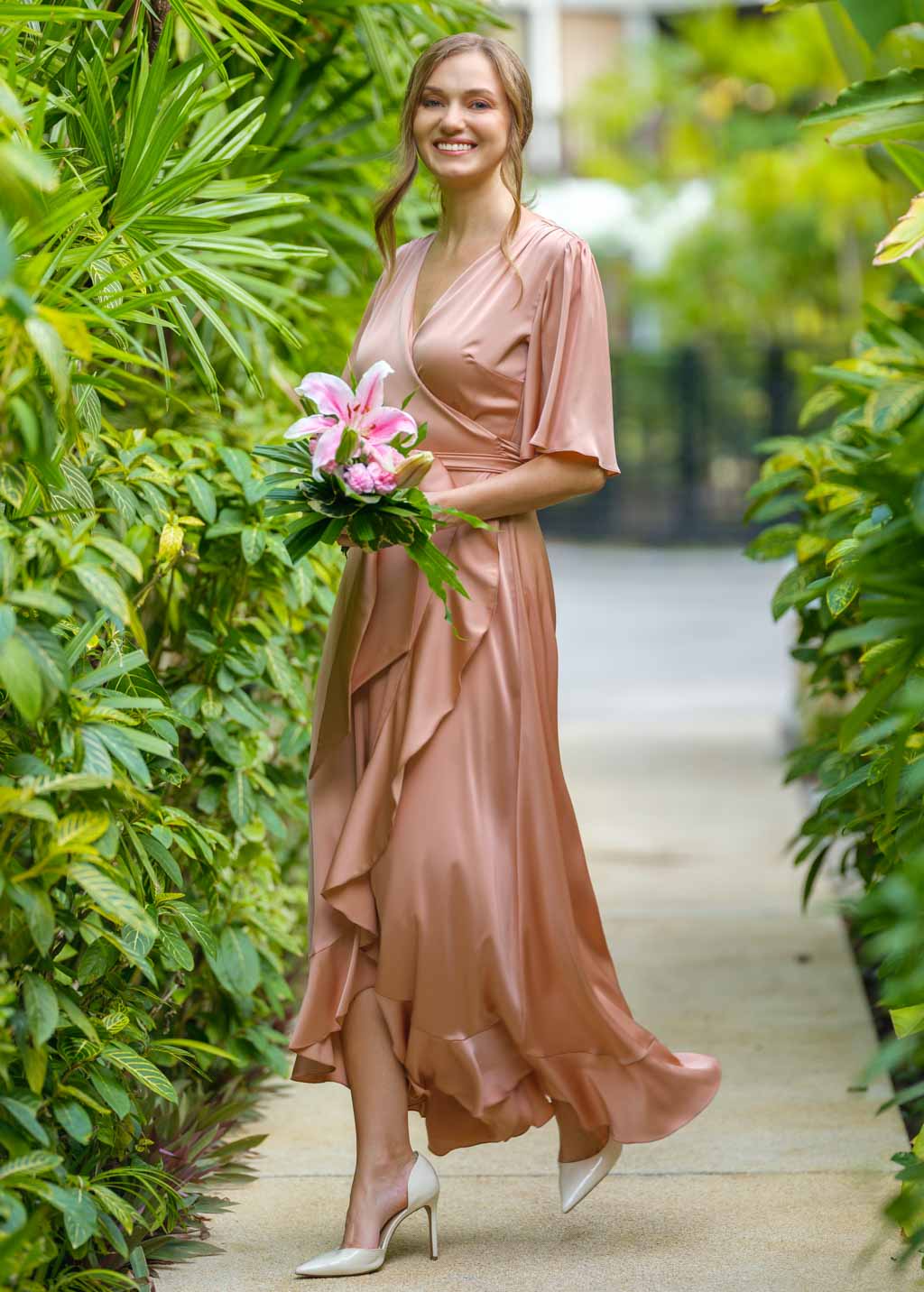 Rose gold wrap silk dress