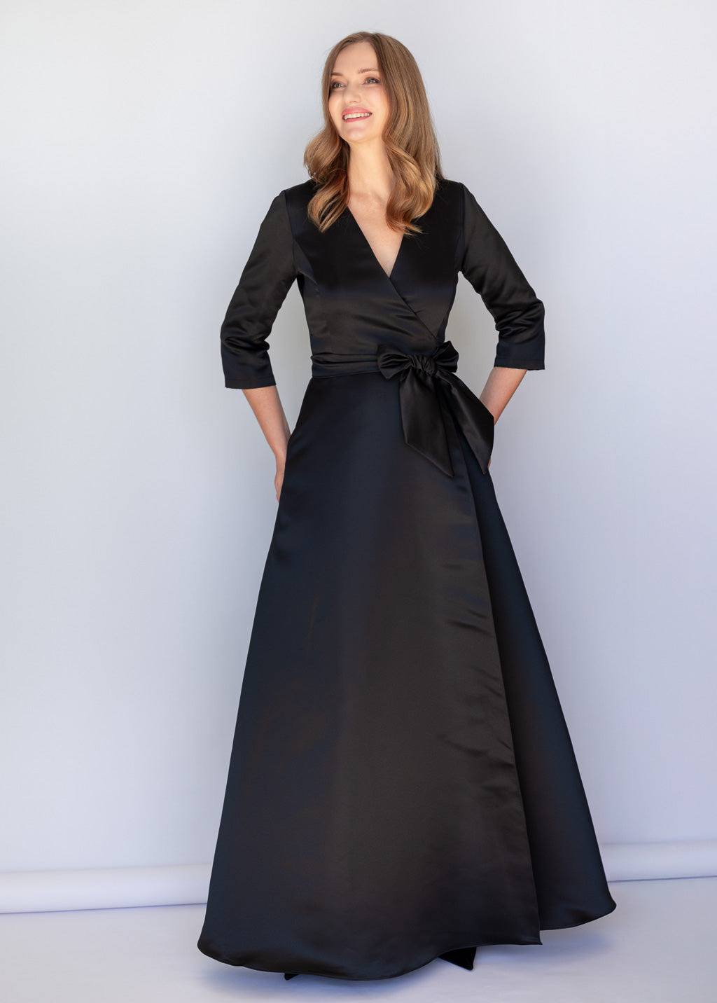 Black Luxury Satin Long Wrap Dress
