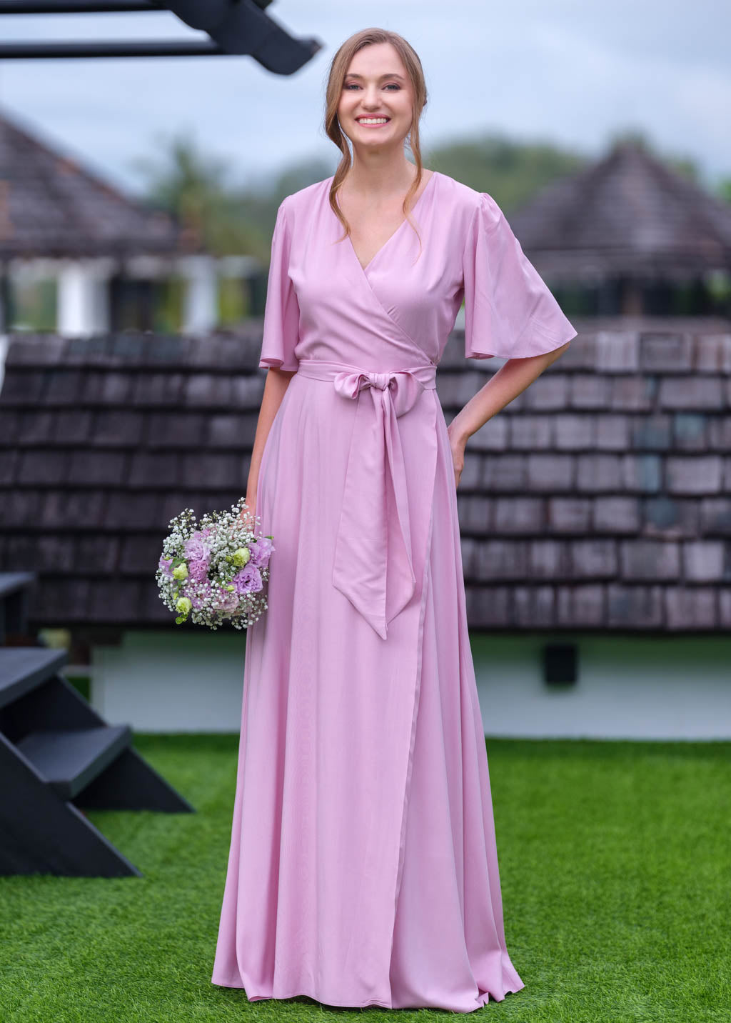 Rose pink romantic wrap dress