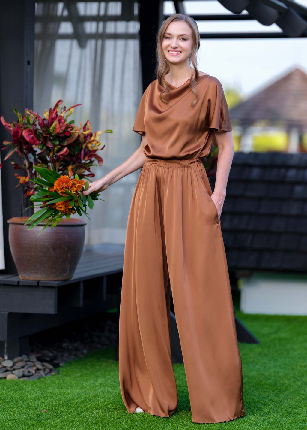 Copper gold silk jumpsuit