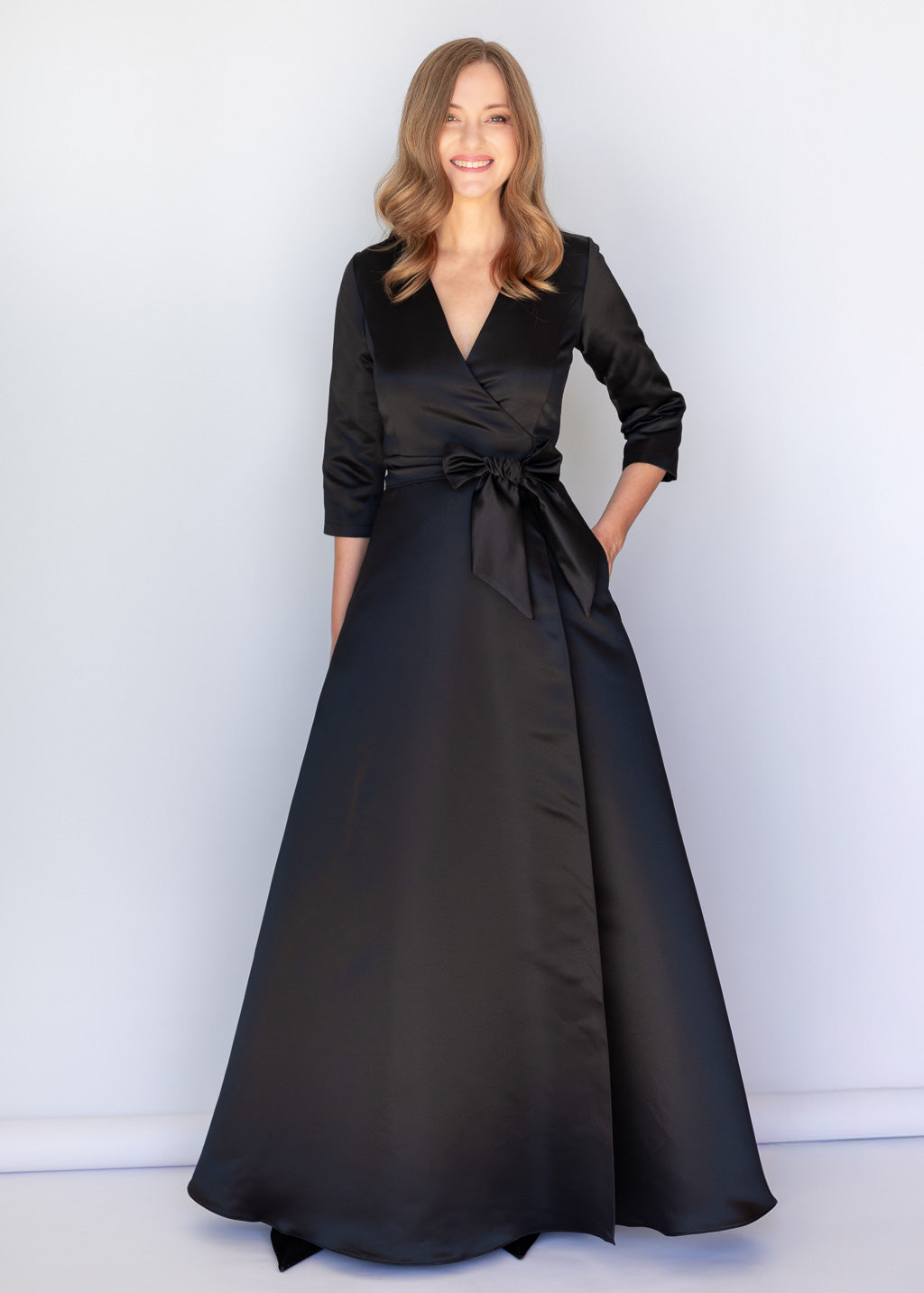 Black Luxury Satin Long Wrap Dress