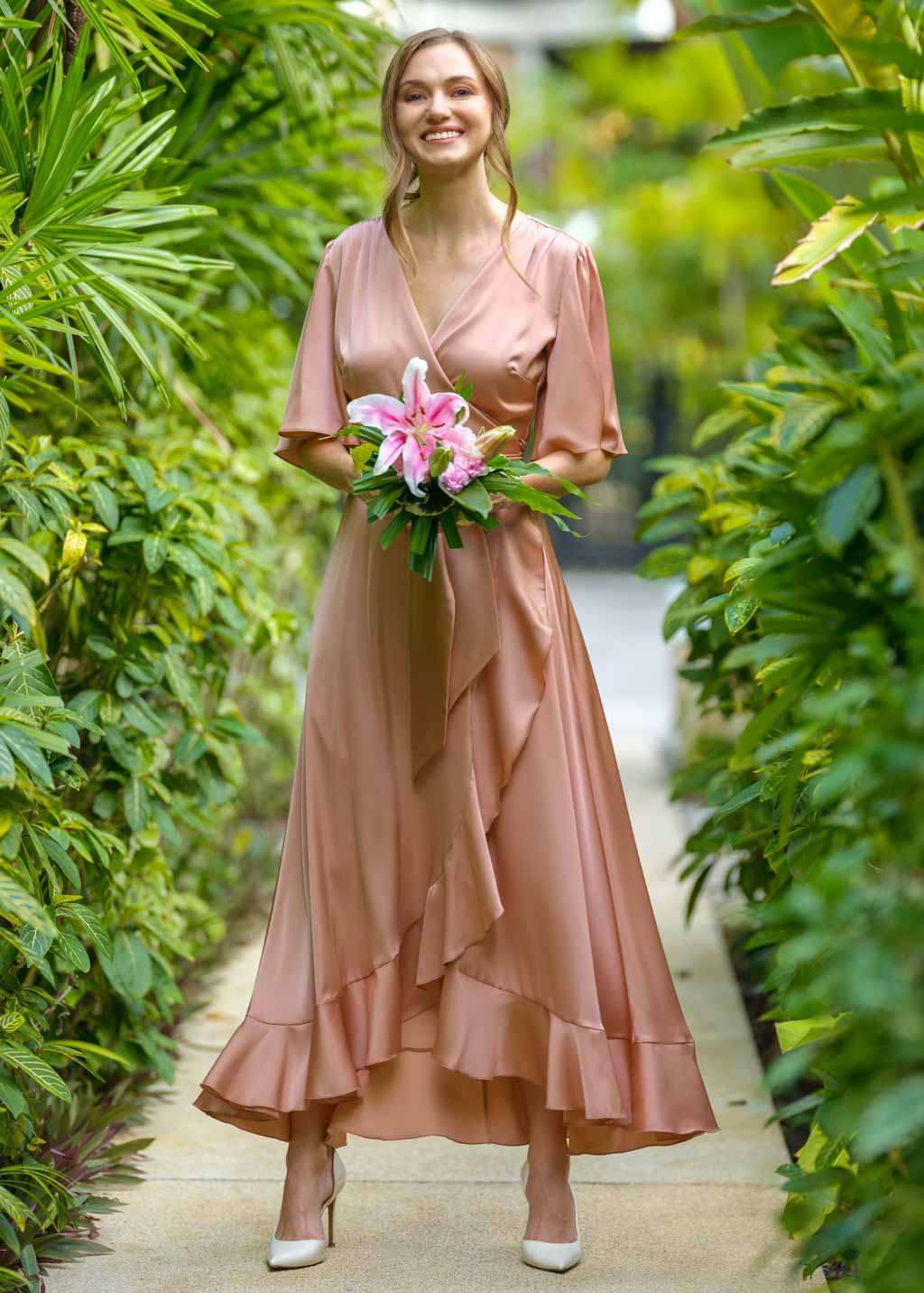 Rose gold wrap silk dress