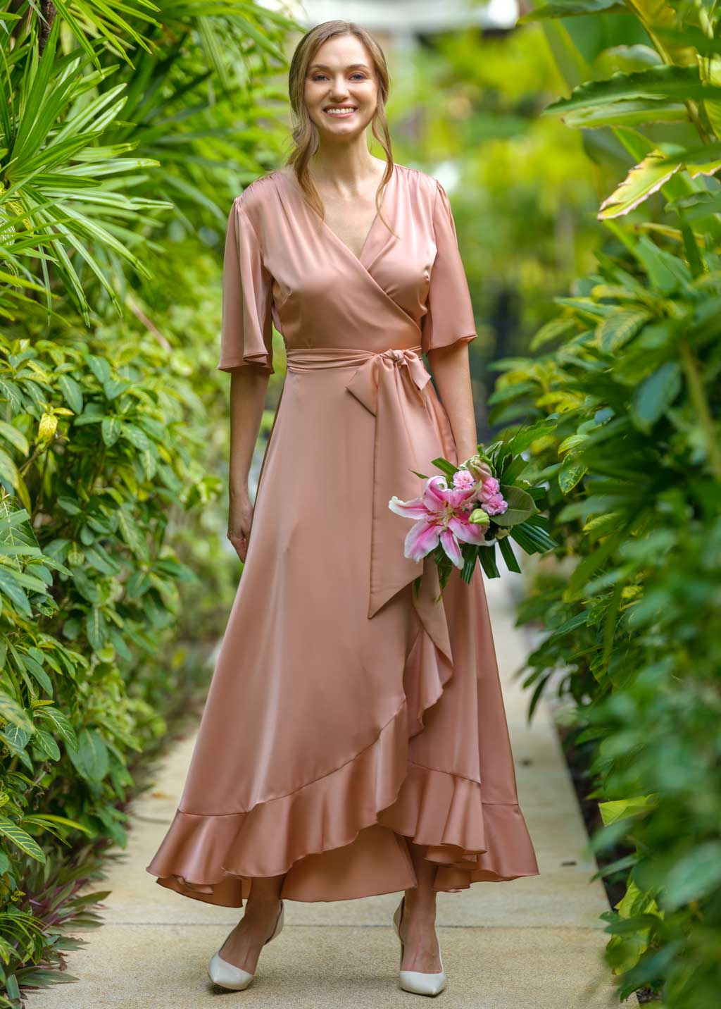 Rose gold wrap silk dress