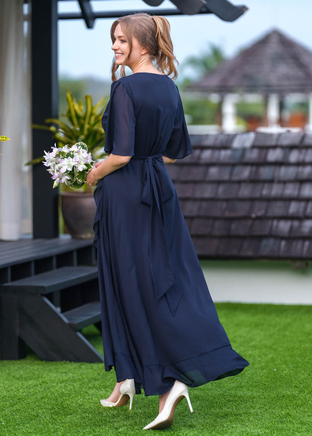 Navy blue chiffon wrap dress