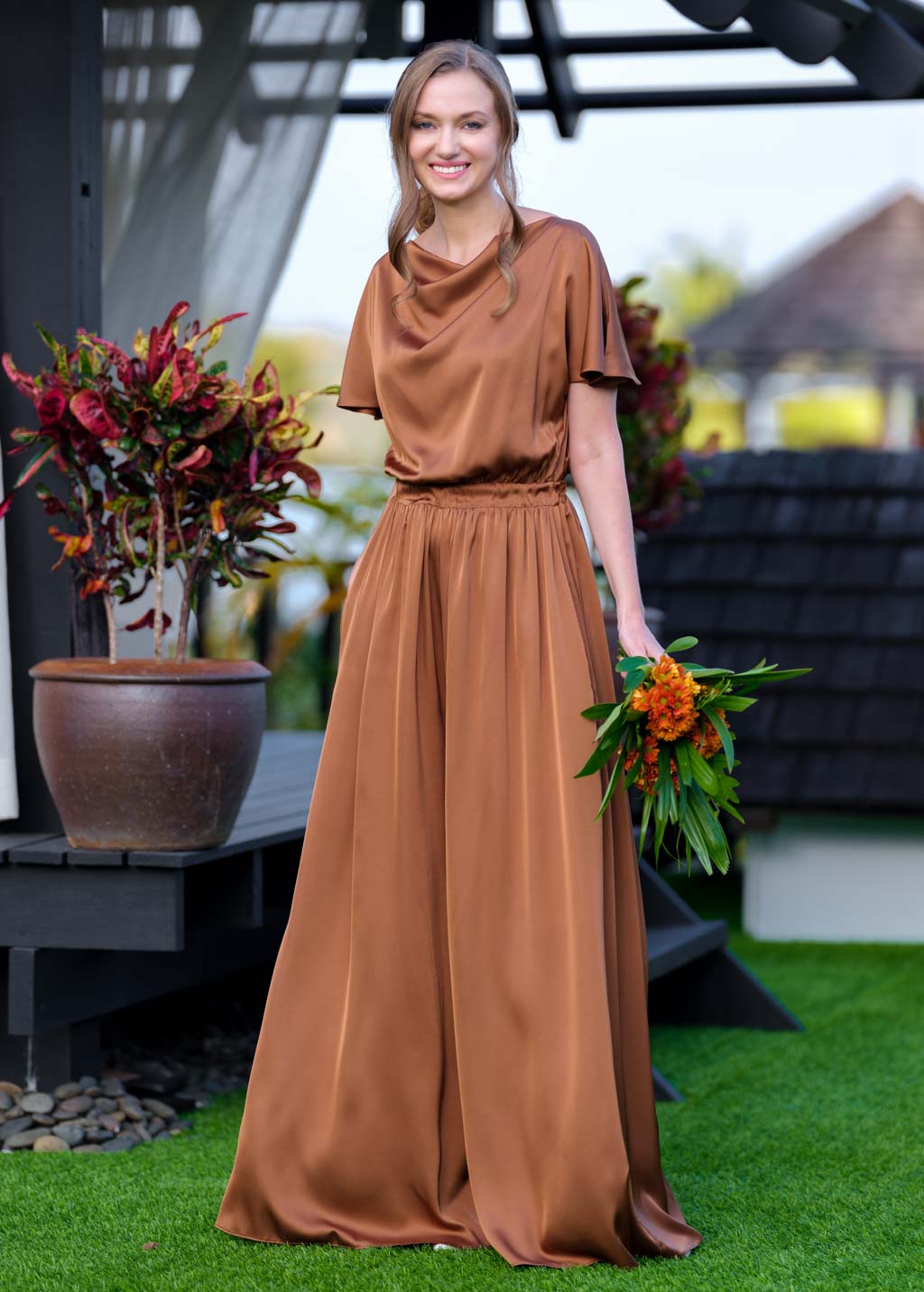 Copper gold silk jumpsuit