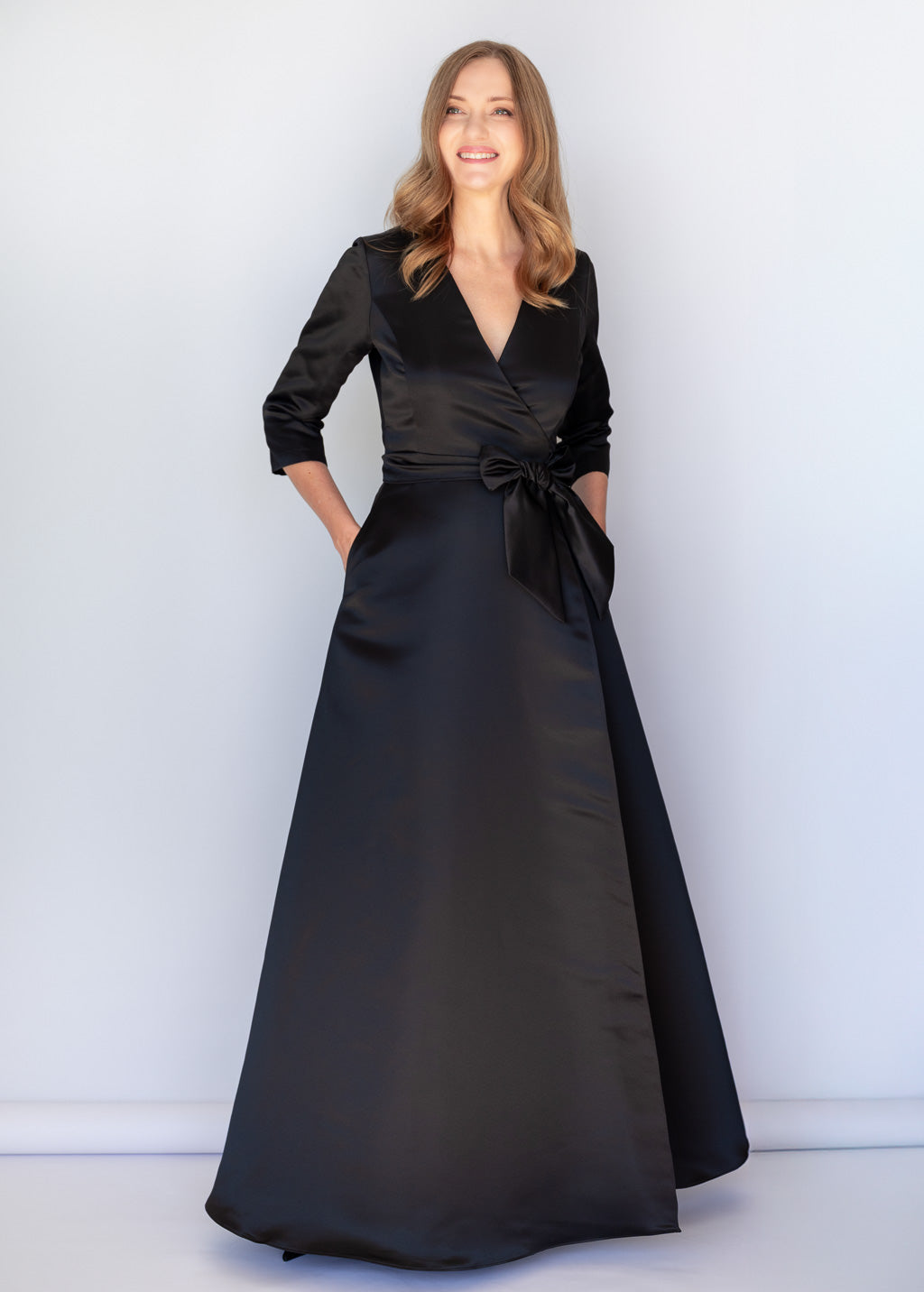 Black Luxury Satin Long Wrap Dress