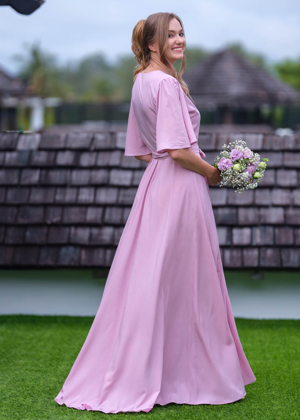 Rose pink romantic wrap dress