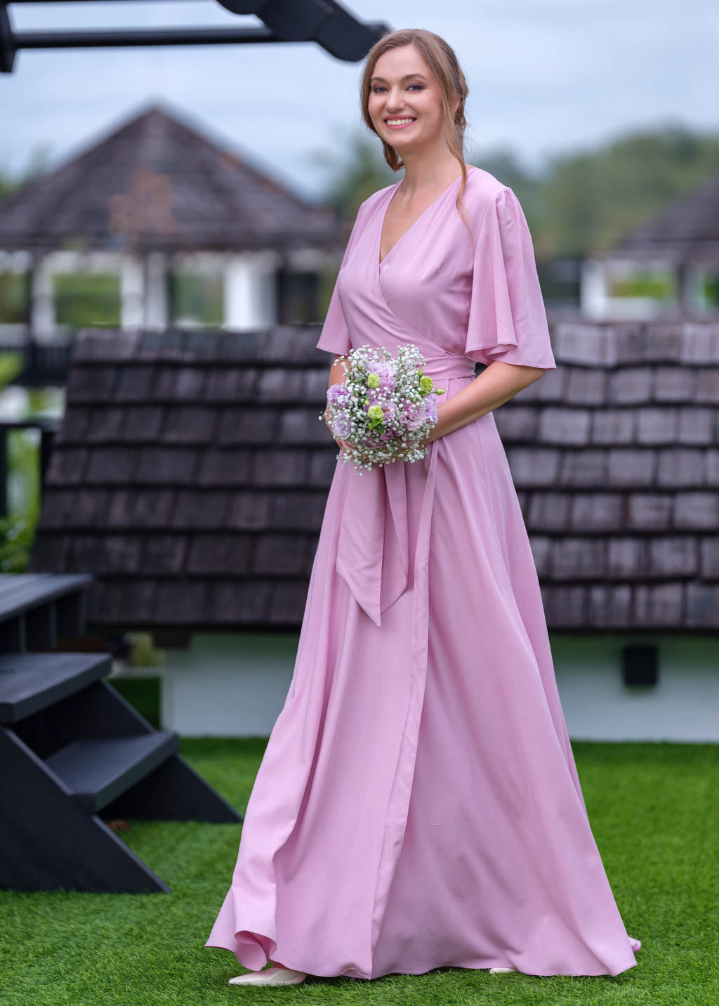 Rose pink romantic wrap dress
