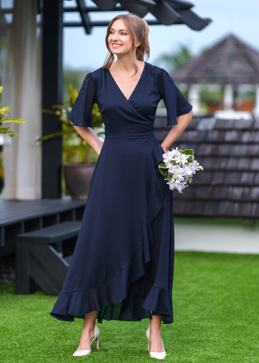 Navy blue chiffon wrap dress