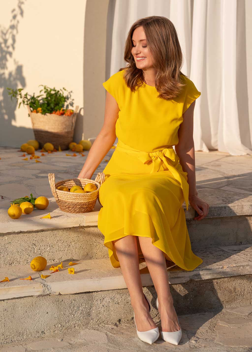 Yellow chiffon dress with belt