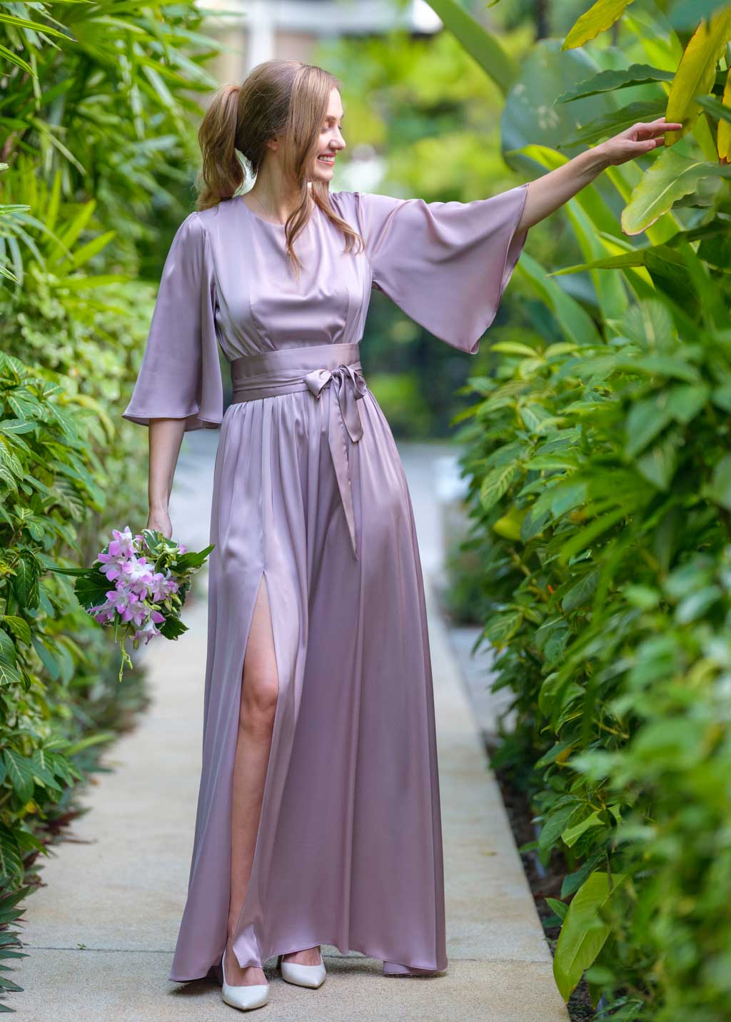 Taupe silk slit dress with belt