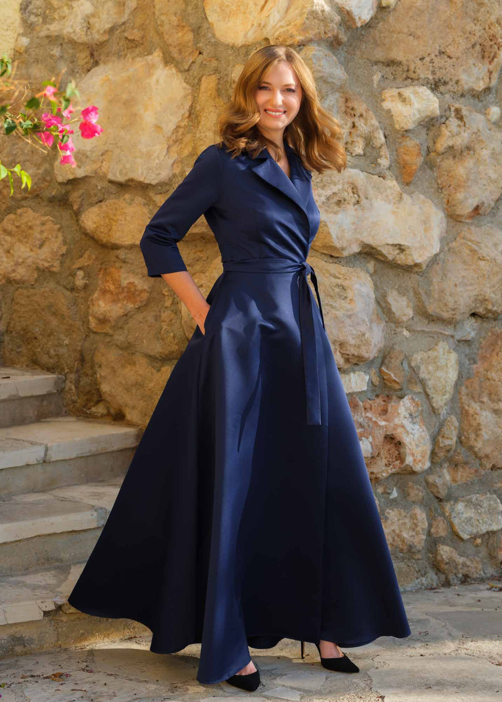 Mother of the Bride & Groom navy blue wrap satin dress