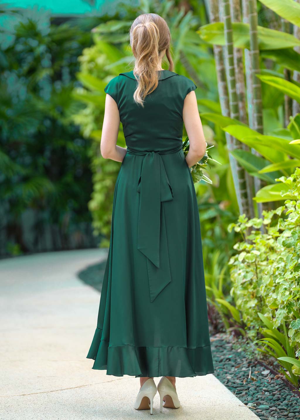Forest green wrap silk dress