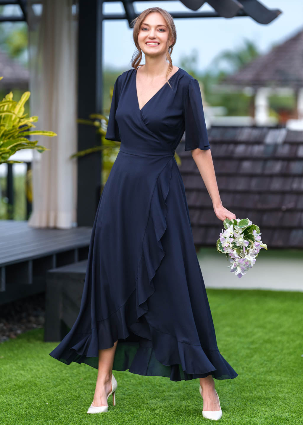 Navy blue chiffon wrap dress