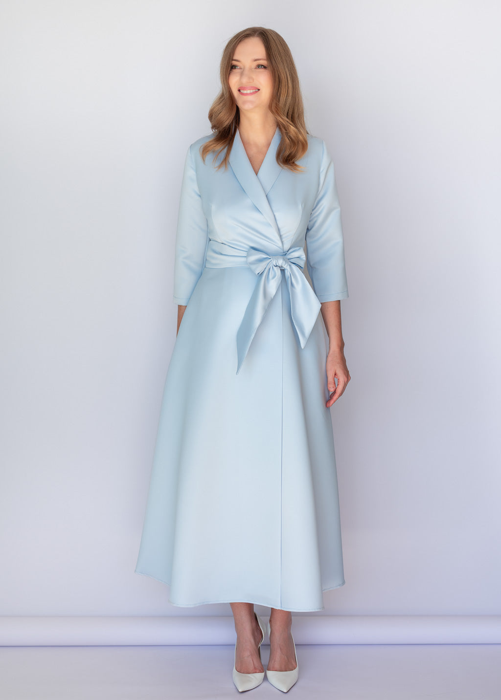 Dusty Blue Luxury Satin Midi Wrap Dress