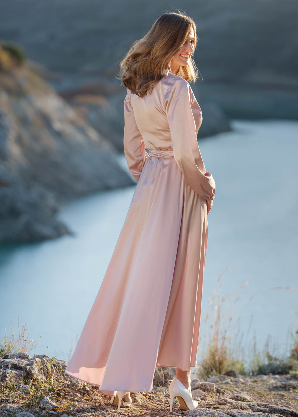 Champagne beige wrap silk dress