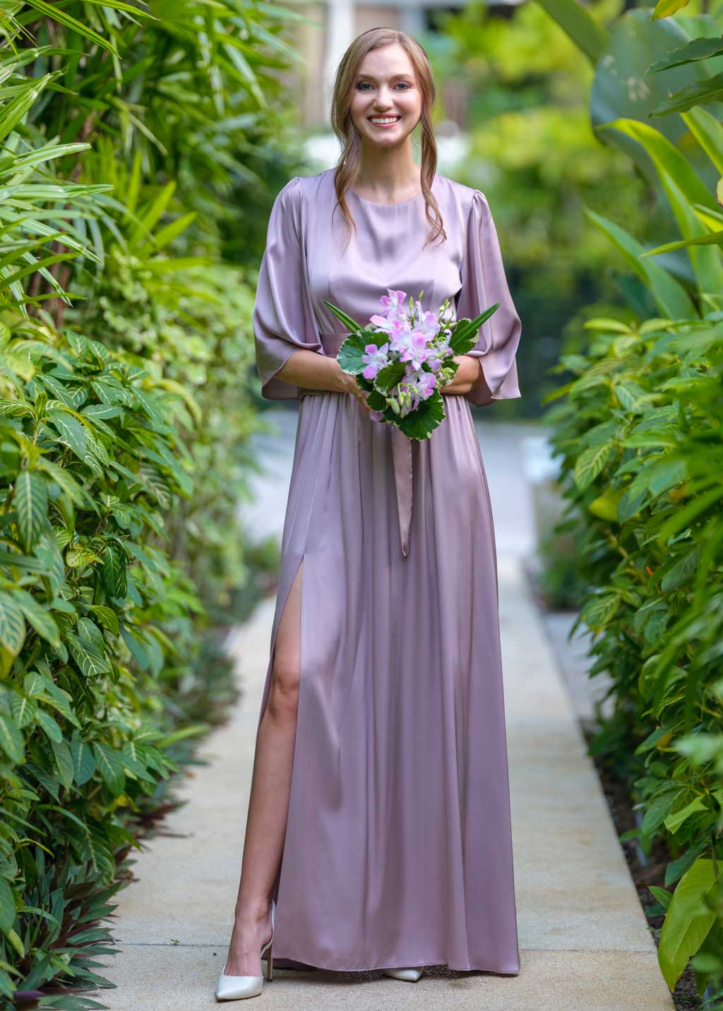 Taupe silk slit dress with belt