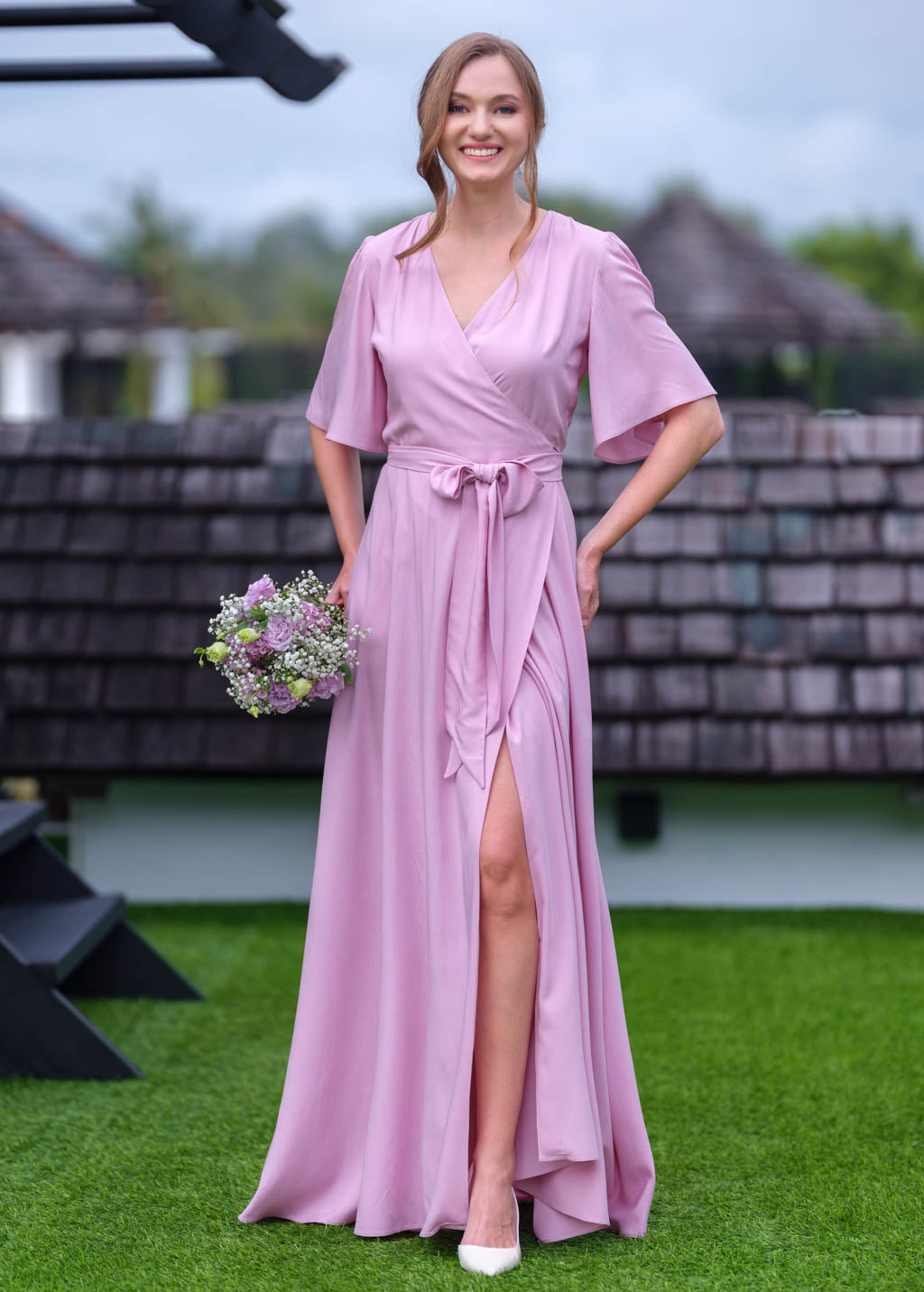Rose pink romantic wrap dress