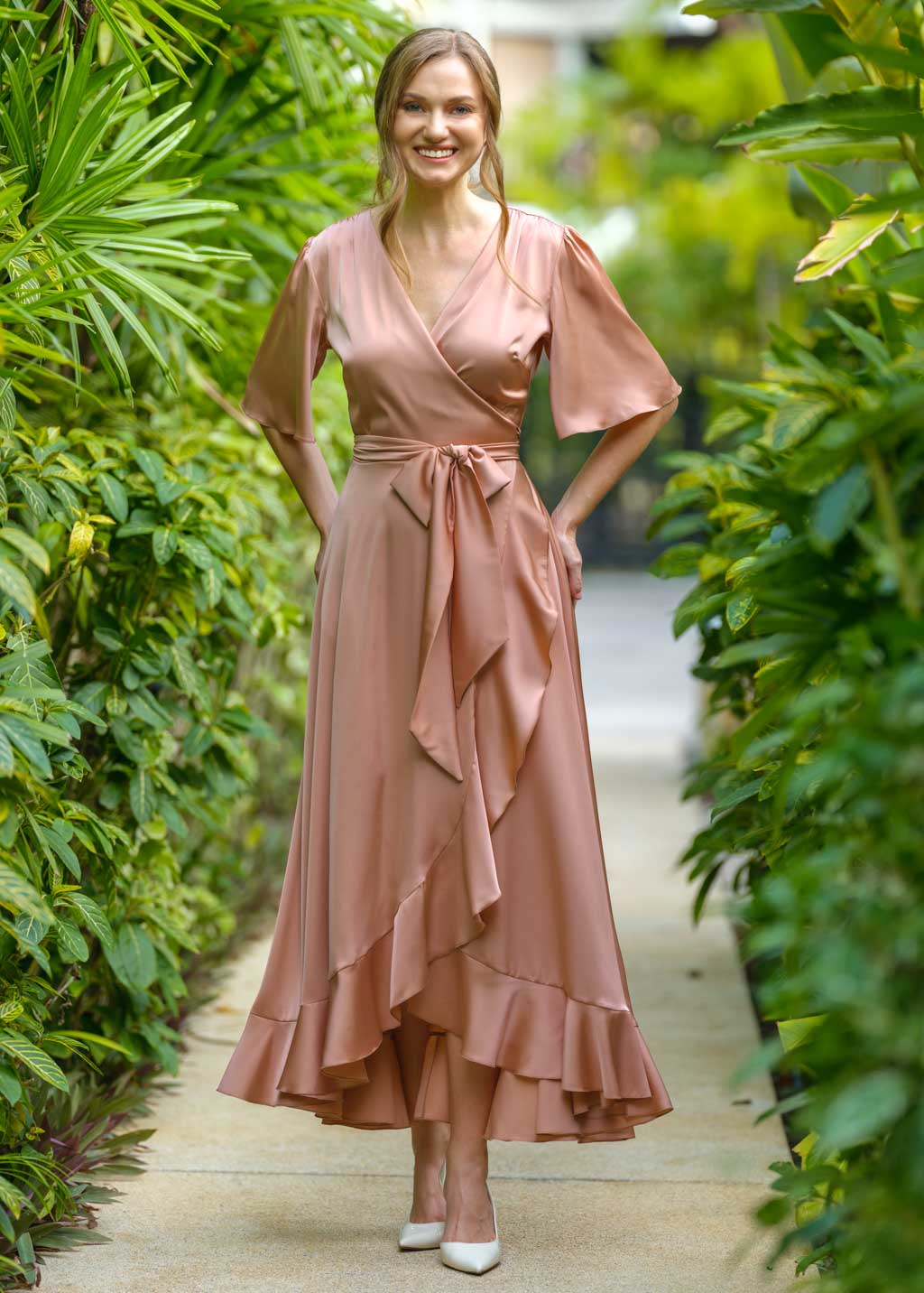 Rose gold wrap silk dress