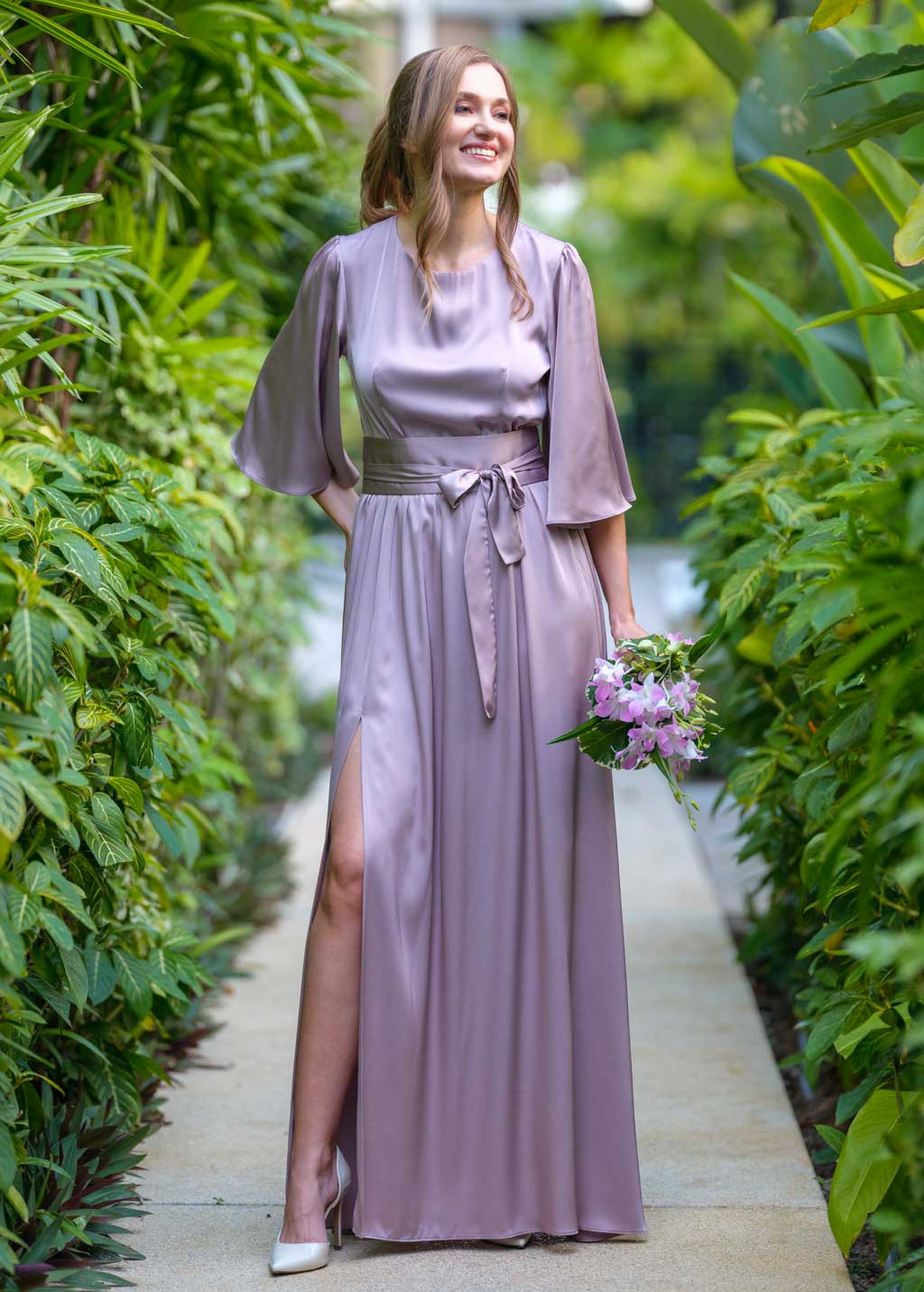 Taupe silk dress with belt