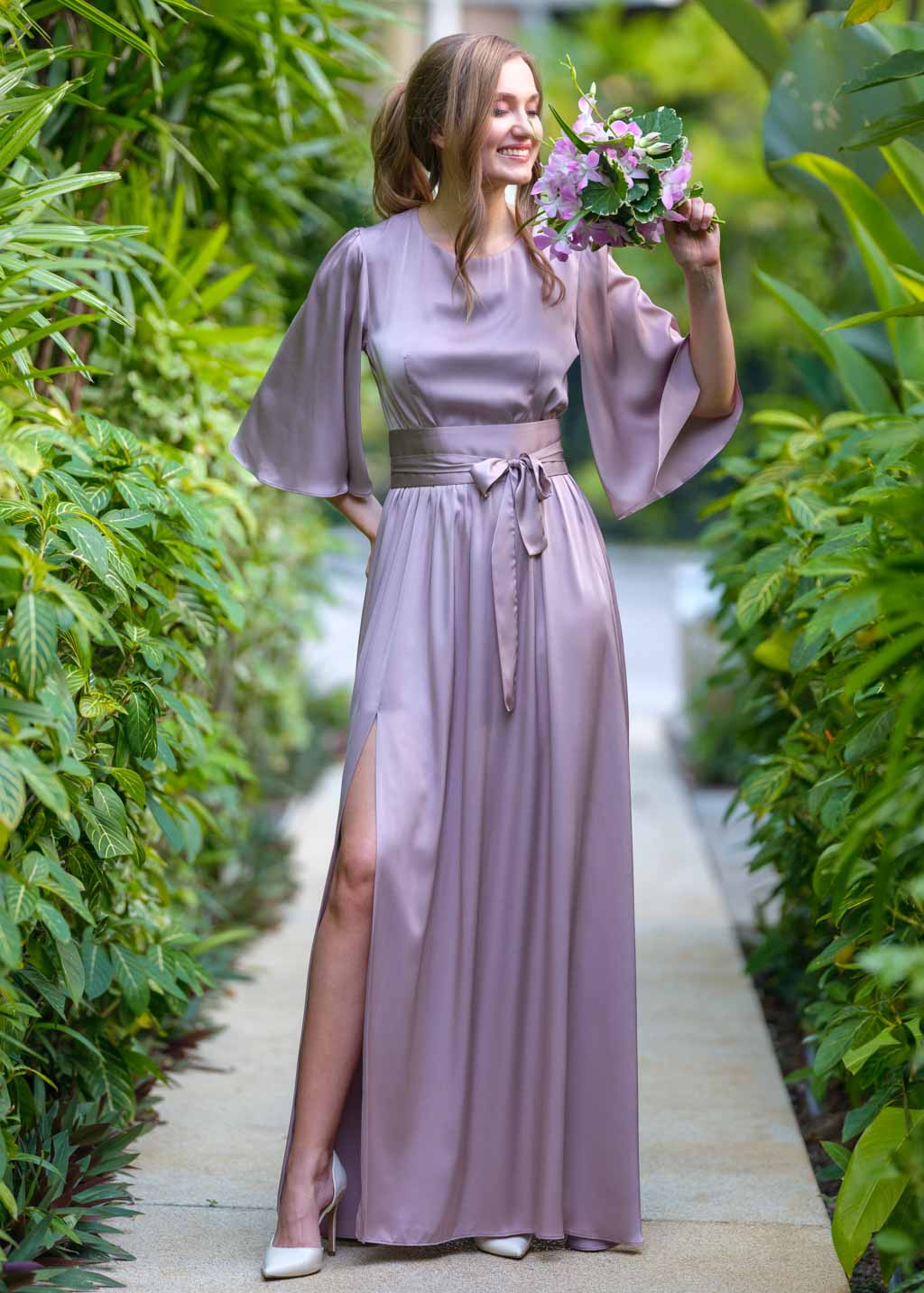 Taupe silk slit dress with belt