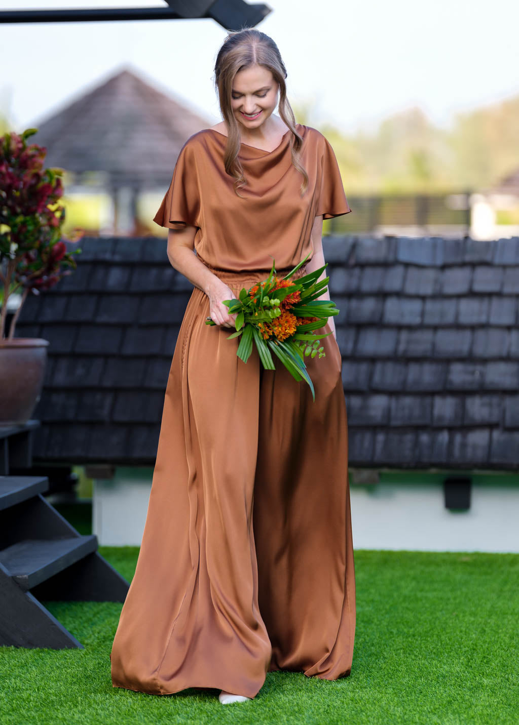 Copper gold silk jumpsuit