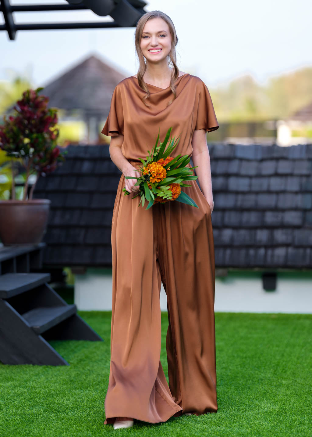 Copper gold silk jumpsuit