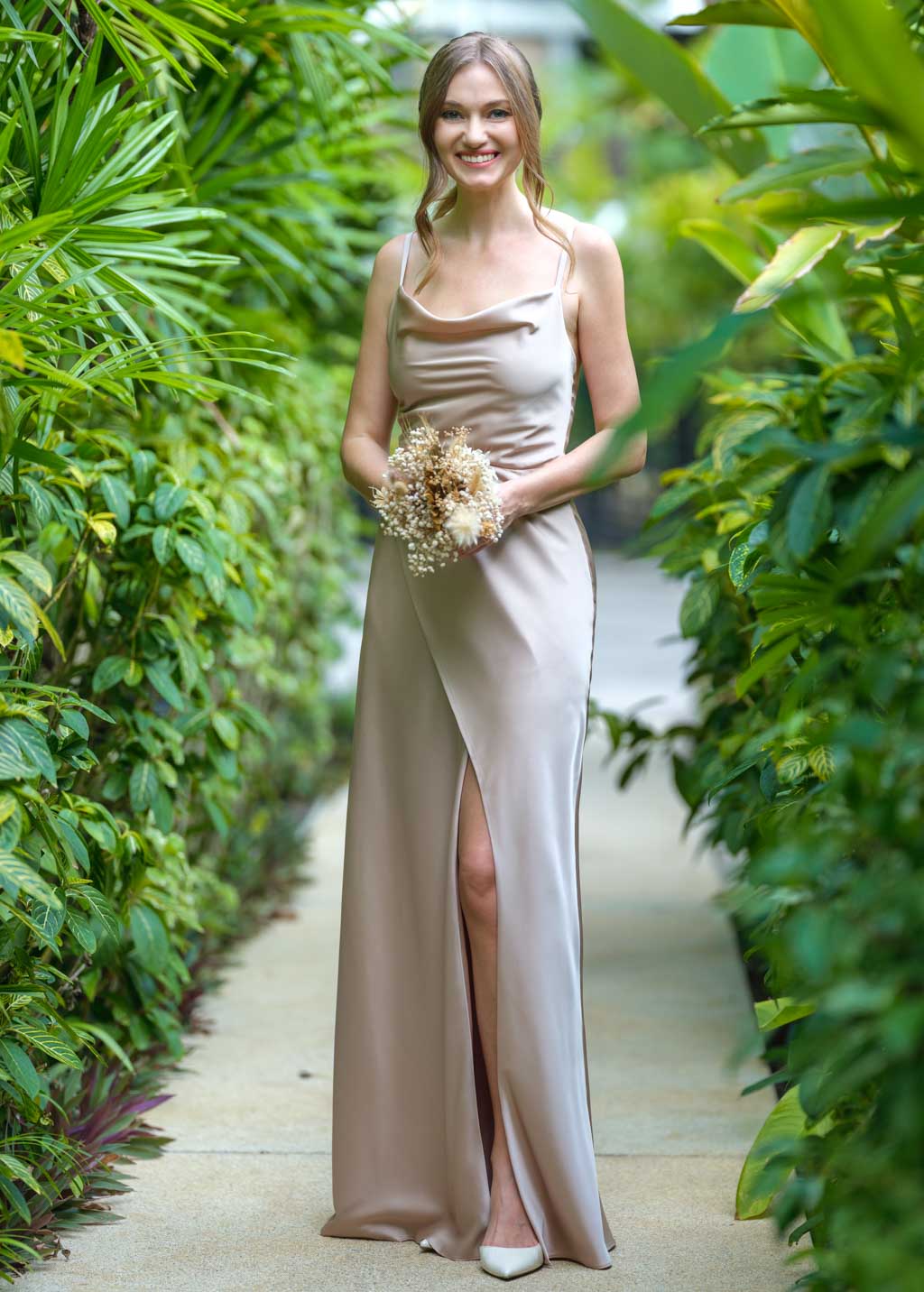 Champagne beige silk slip slit dress