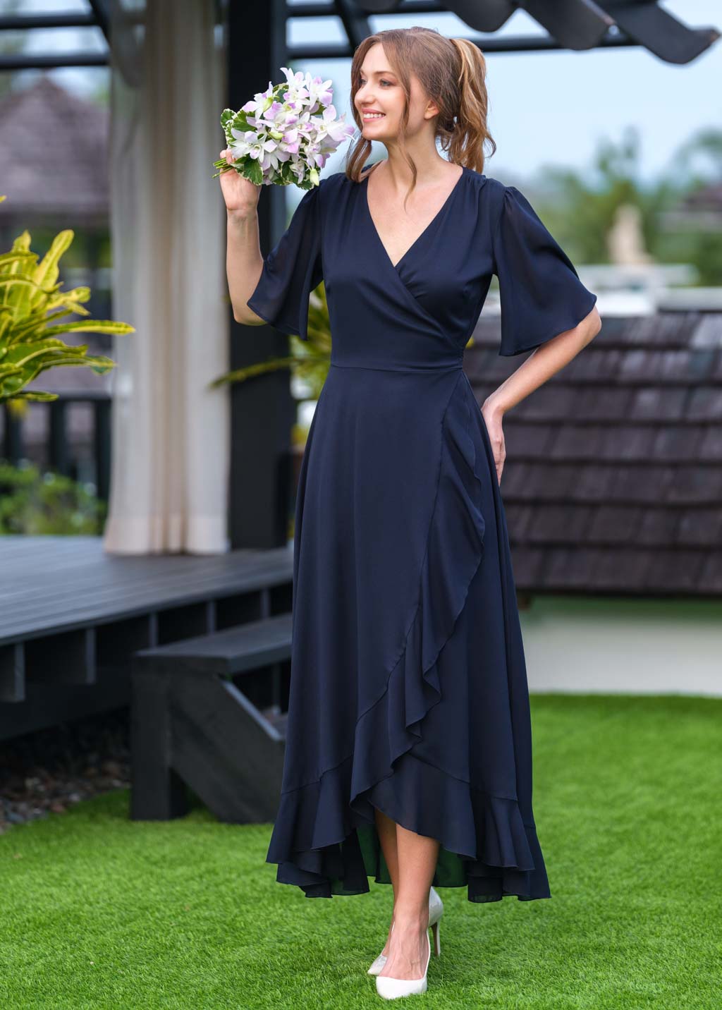 Navy blue chiffon wrap dress