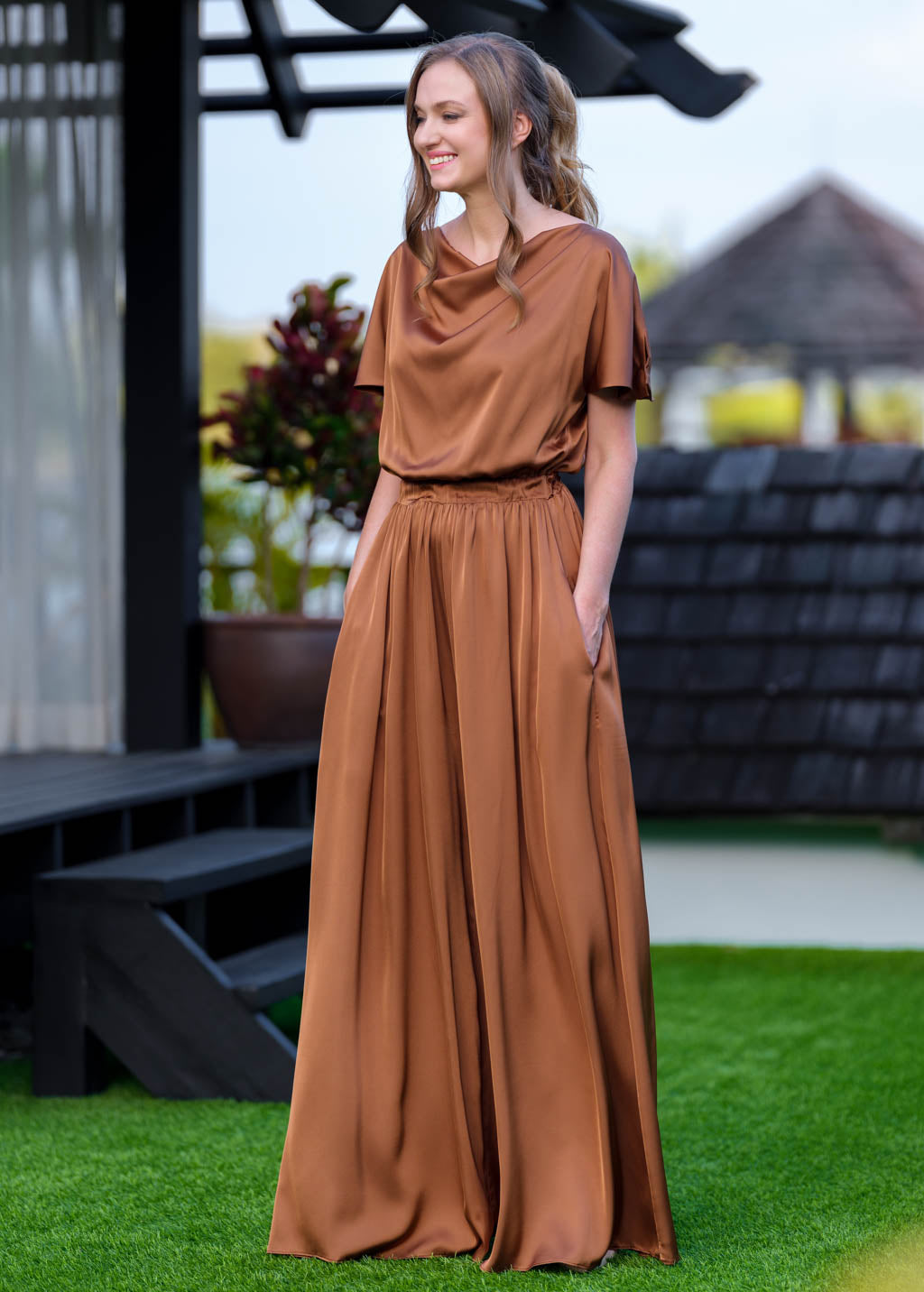 Copper gold silk jumpsuit