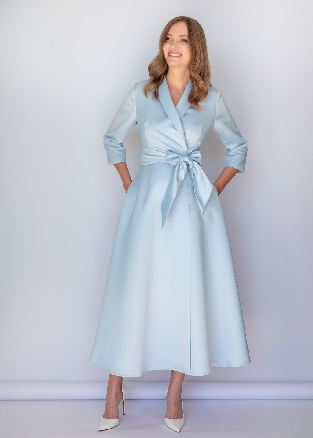 Dusty Blue Luxury Satin Midi Wrap Dress