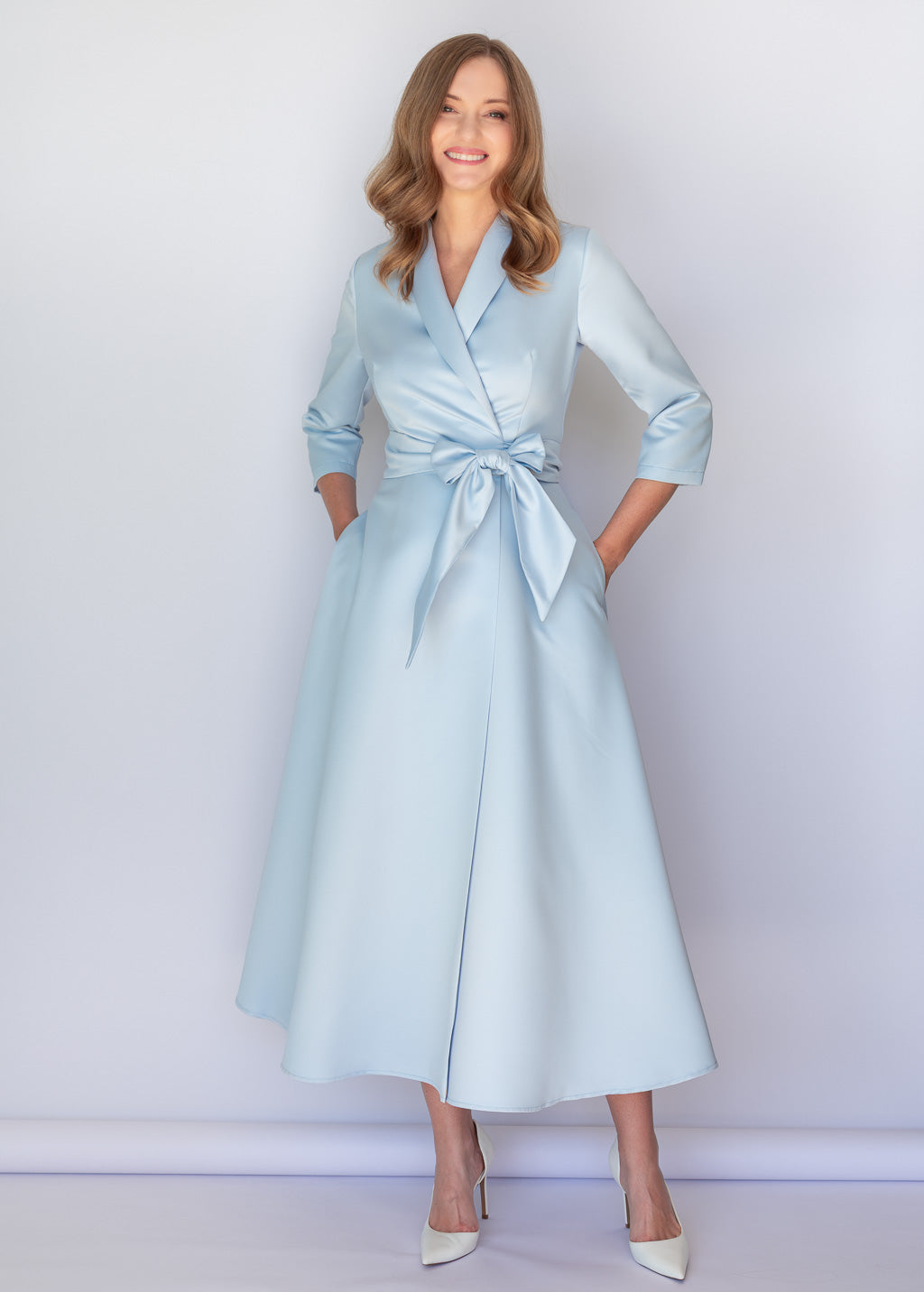 Dusty Blue Luxury Satin Midi Wrap Dress