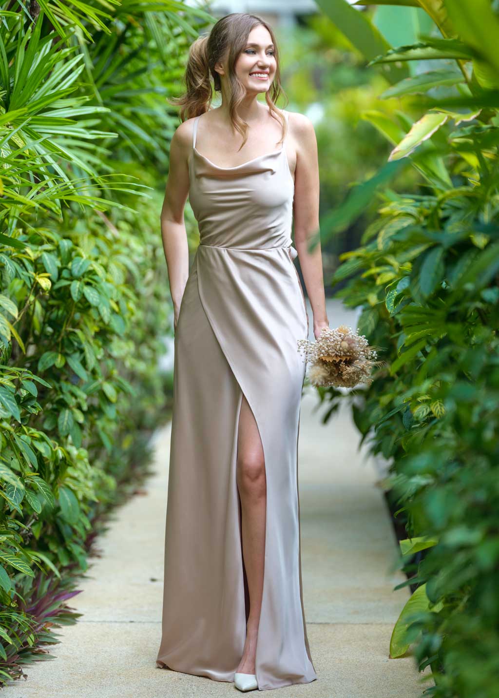 Champagne beige silk slip slit dress