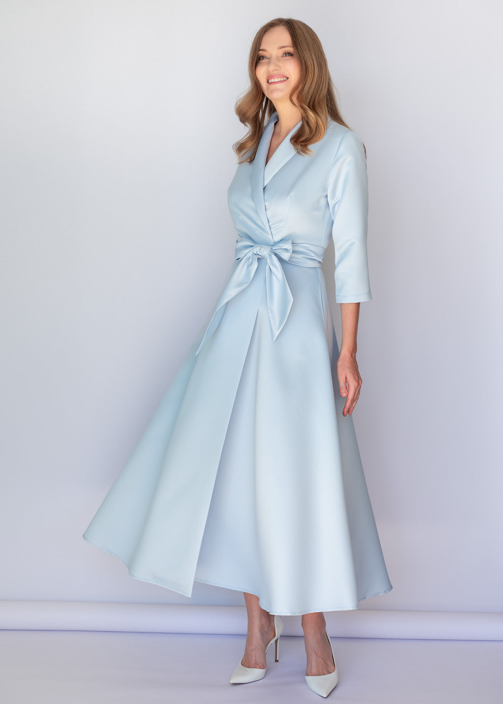Dusty Blue Luxury Satin Midi Wrap Dress