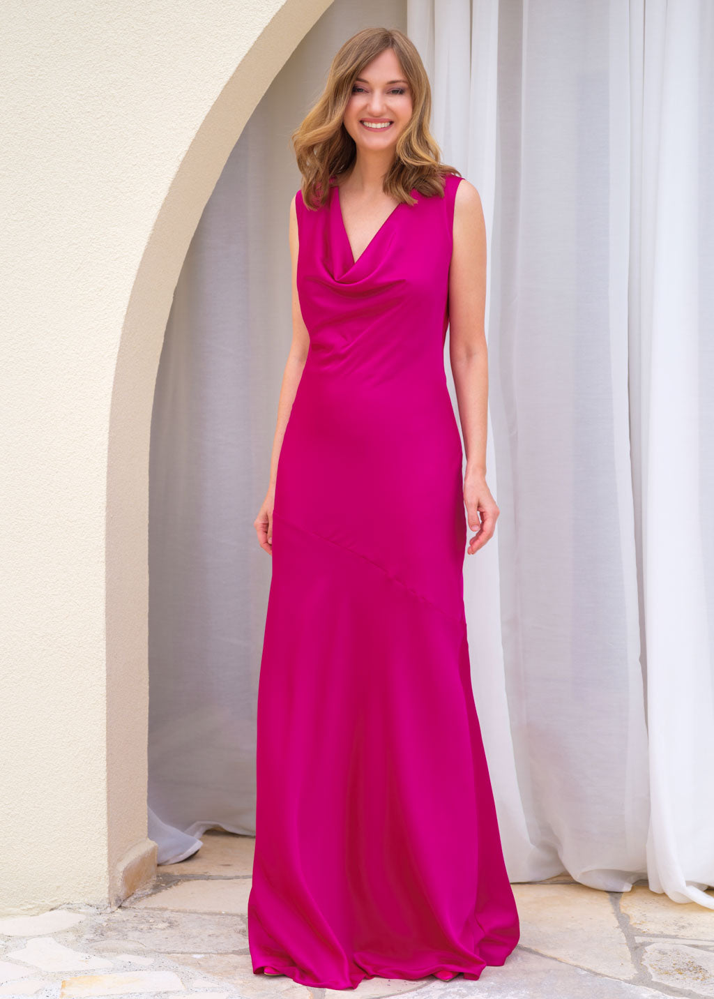 The fuchsia muse cowl gown