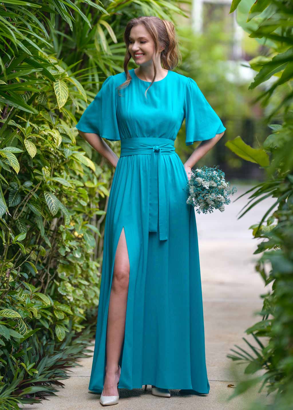 Turquoise slit dress with belt