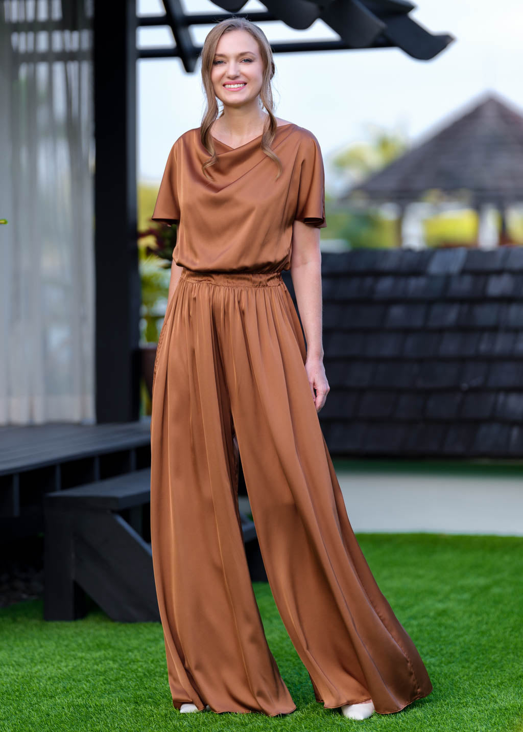 Copper gold silk jumpsuit